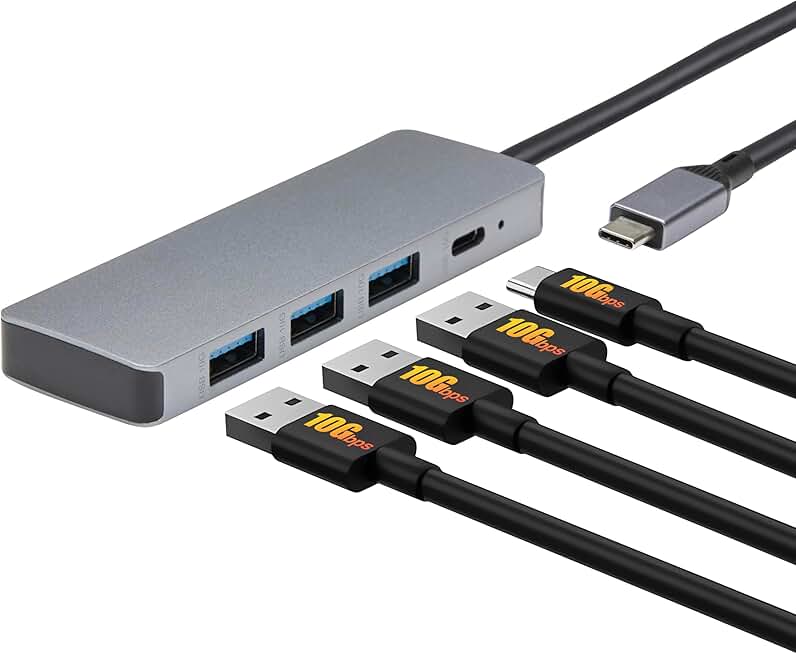 Amazon Basics USB 3.2/3.1 Gen 2 Multiport USB C Hub Dock, 10Gbps, USB-C to 1xUSB-C/3xUSB-A, Works with Windows/Mac, Silver, Black