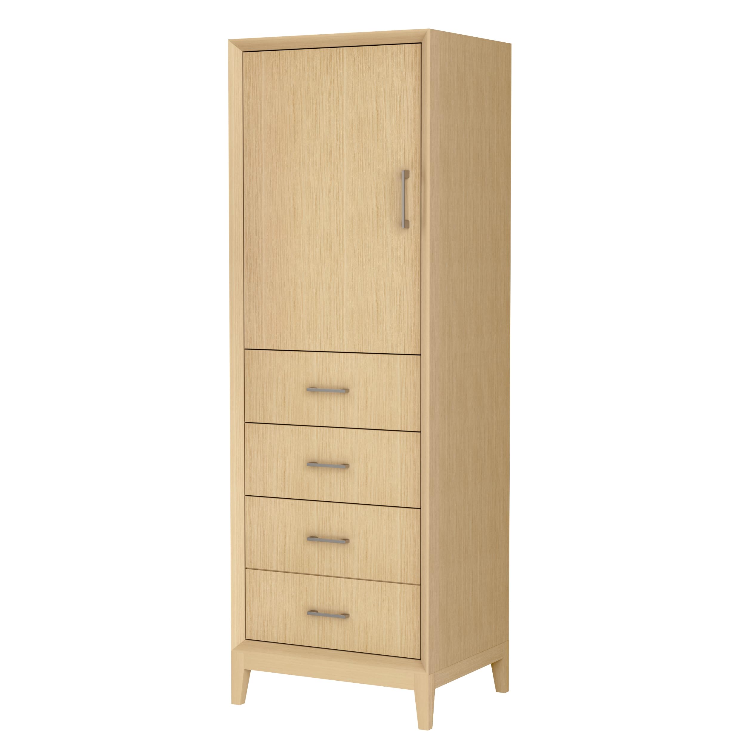 Wyndham Collection Janna Linen Tower in White Oak with Brushed Nickel Trim, Shelved Cabinet Storage, and 3 Drawers