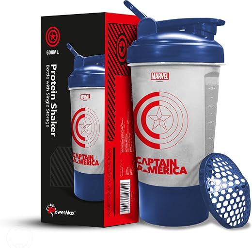 PowerMax Fitness Captain America Marvel Edition Shaker Bottle 600Ml, 100% Leakproof Guarantee Sipper Bottle Ideal For Prot...