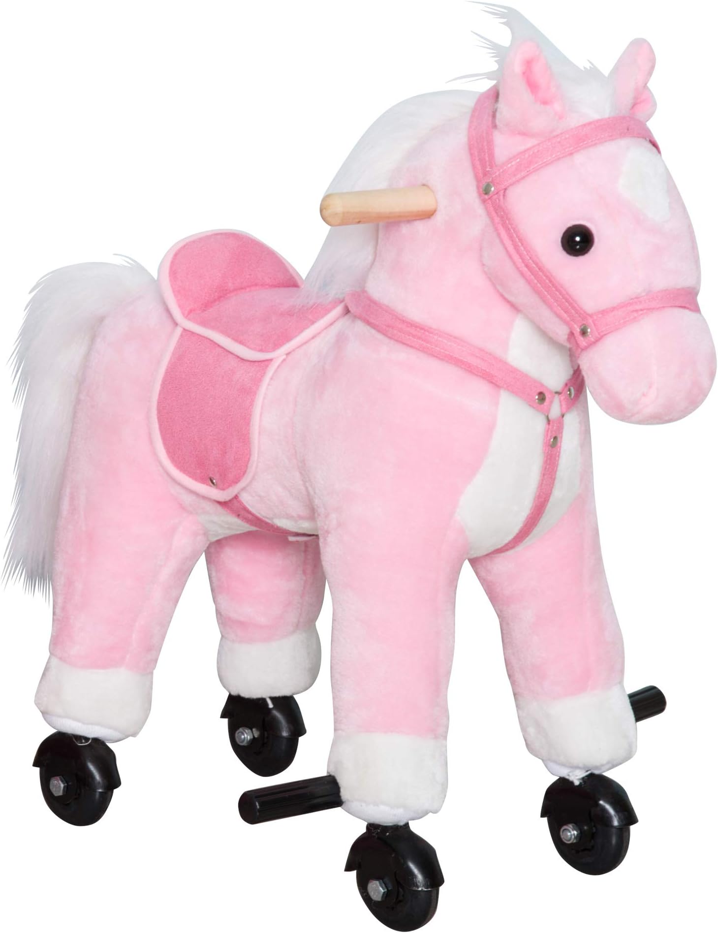 Qaba Kids Ride on Walking Horse Pony Plush Walking Animal with Wheels and Realistic Sounds for 3 Years Old Children - Pink