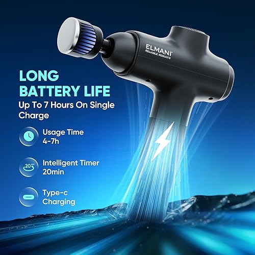 Vista 2 de ELMANI Pistola de masaje, 30 ajustes de velocidad, 2800 RPM, terapia de calor y frío, 6 cabezales de masaje, batería de 6 horas, color negro