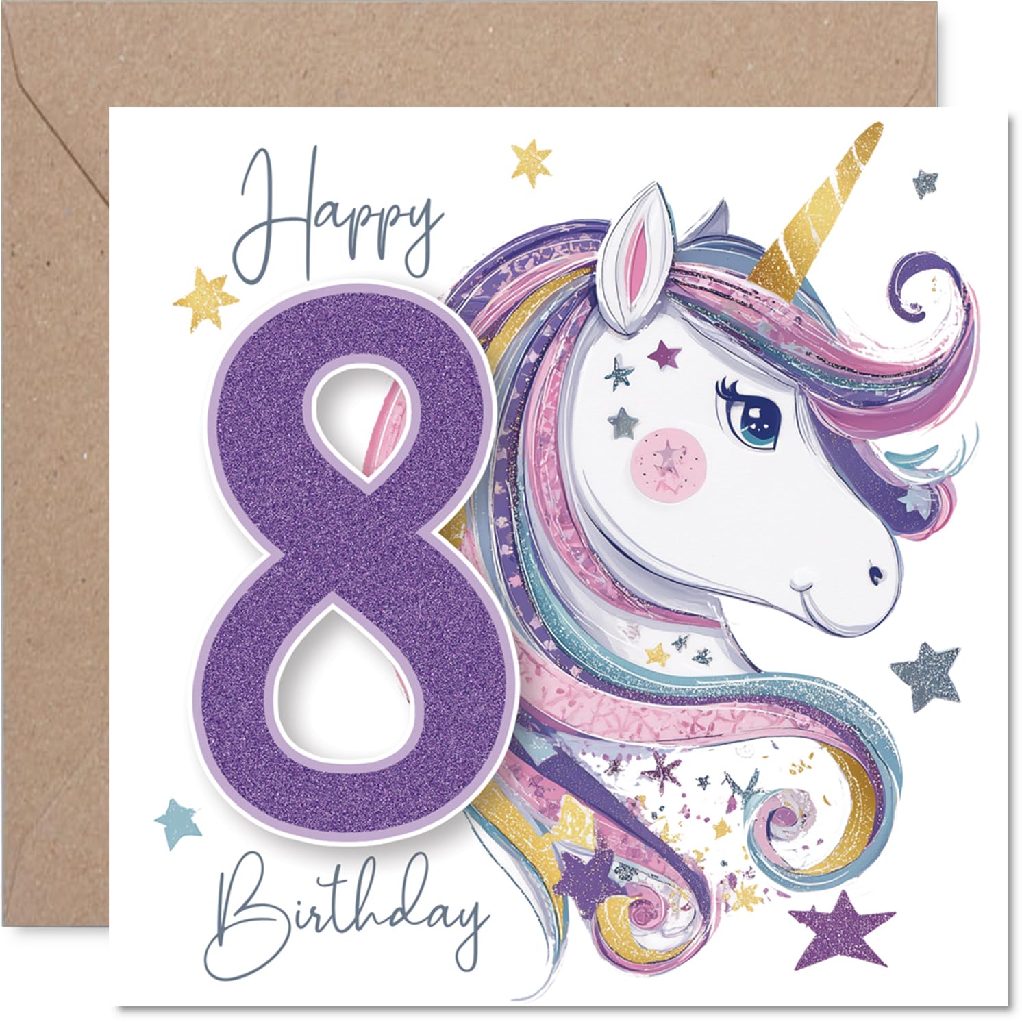 Playful 8th Birthday Card - Bursting with Birthday Magic - Glittery Unicorn and Golden Number 8 with Playful Stars - Sure to Delight Unicorn Fans - 145mm Square, Envelope Included