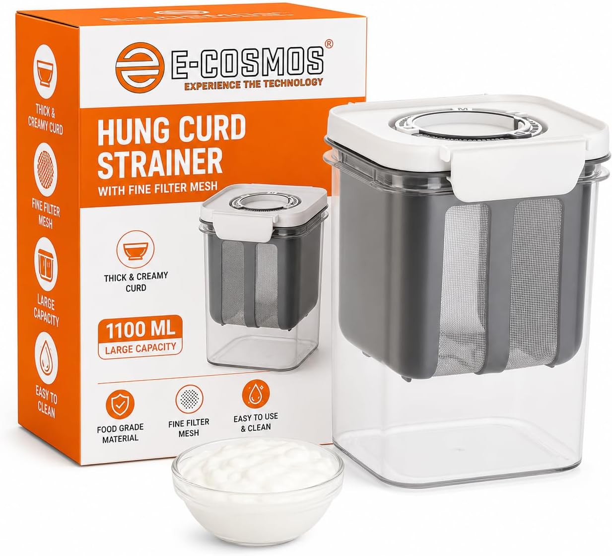 E-COSMOSยฎ Multipurpose Greek Yogurt & Curd Strainer with Date Tracker, 1100ml BPA-Free Fine Mesh Filter for Whey Separation & Cheese Making, Multi-Color (Lock and Date)