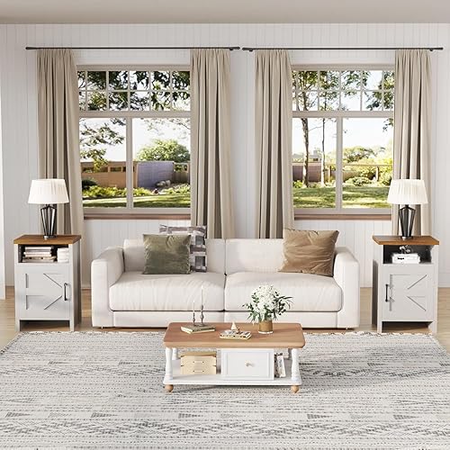 Miniatura 2 de Flamaker Mesa auxiliar, juego de 2 mesitas de noche, moderna mesita de noche con puerta de granero y estante de madera abierto, mesa auxiliar para