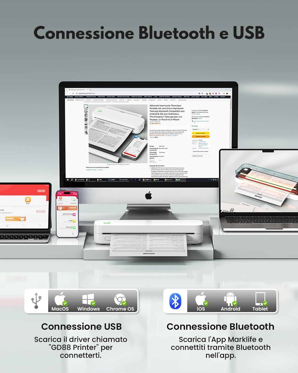 Stampante Portatile A4, Senza Inchiostro Stampante Termica Bluetooth Compatibile con Android&IOS e Laptop, Stampante Bianco Nero Portatile per Viaggi, Lavoro, Casa, Stampante Termica Tattoo