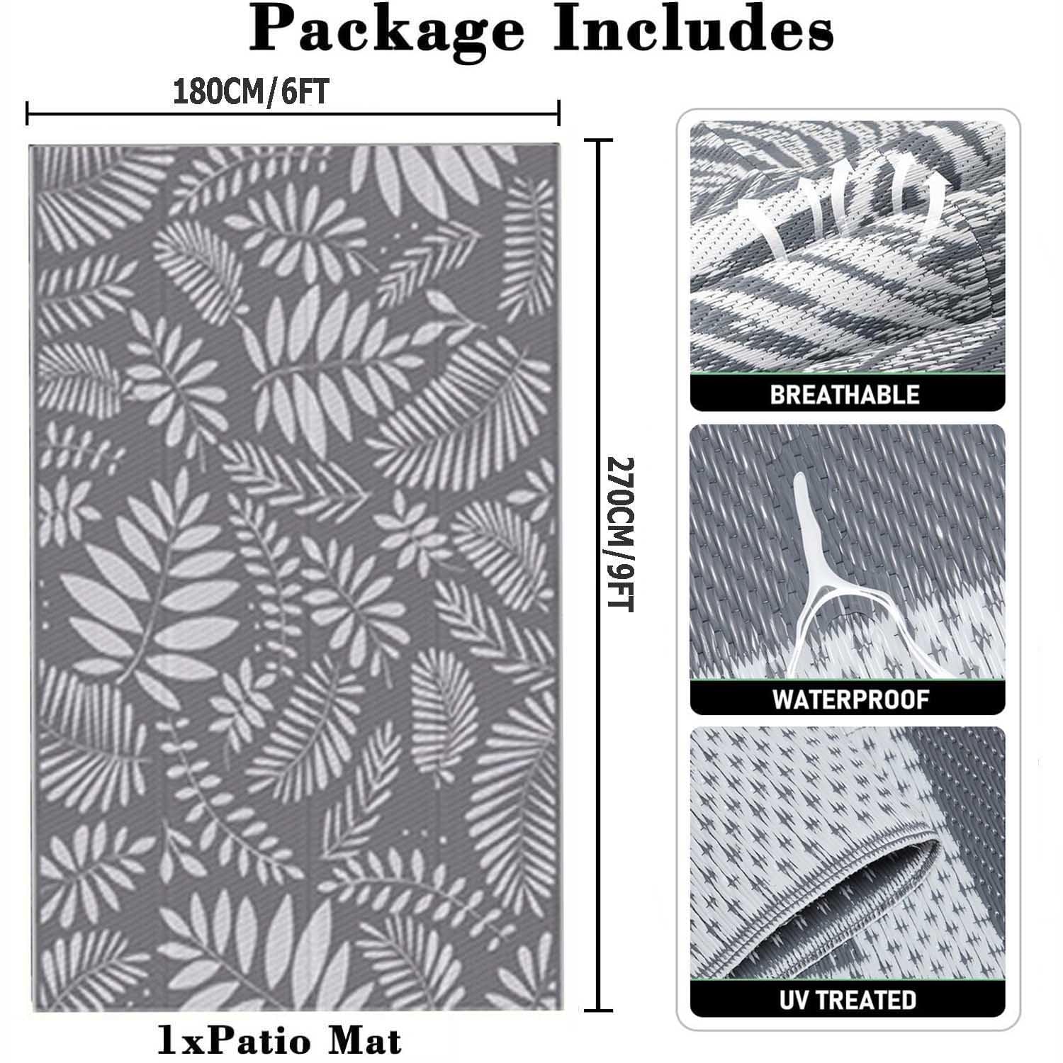 Dywanik na Patio 180x270 Duża Przenośny Plastikowy Dywanik Kempingowy z Wzorem Tropikalnych Liści Ogrodowy Dywanik Wodoodporny Dwustronna Mata na Taras,Piknik,Balkon,Basenie,Szaro-Biały