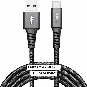 Cabo USB para USB-C 2 Metros 60W Turbo Carregamento Rápido — Nylon Trançado Reforçado Compatível iPhone 15/16 Samsung Galaxy Xiaomi MacBook Notebook Tablet — Preto