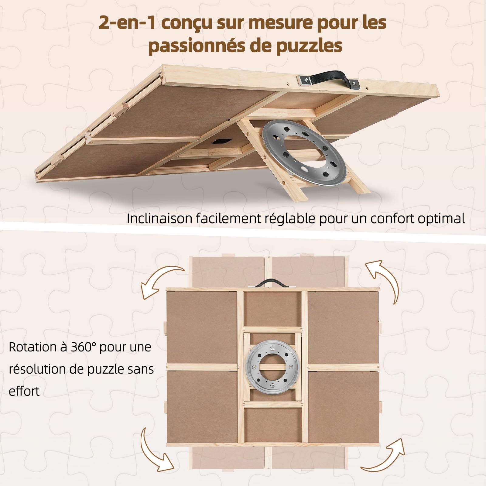 2000 Teile 2-in-1 Neigbares & Drehbares Puzzle-Brett für Erwachsene, Holz-Puzzleschreibtisch mit 4 Schubladen 102 x 72,4 cm, Tragbares Brett mit Lazy Susan und Abdeckung
