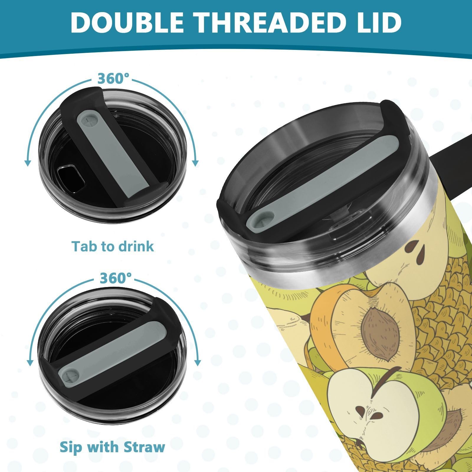 Isolierter Becher Sommerfrucht doppelwandig Edelstahl Wasserflasche Kaffeetasse Reisebecher mit Griff Strohhalmdeckel