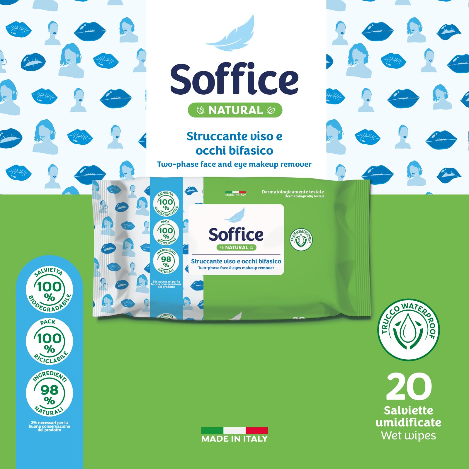 Salviette Soffice Natural Struccante Viso e Occhi, Rimuovono Anche il Trucco Waterproof, Formula con Acqua Micellare Bifasica - 20 Confezioni da 20 pz