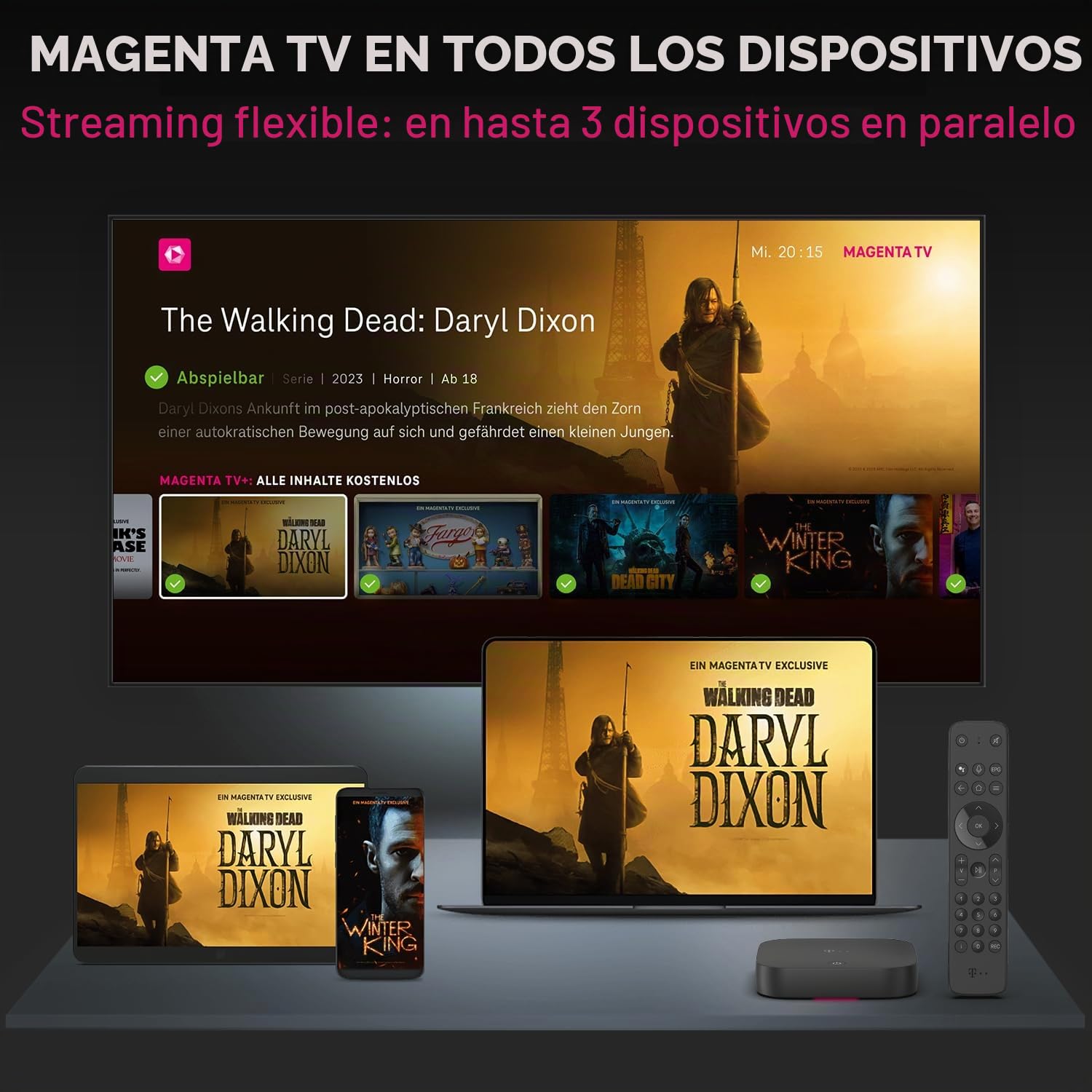 MagentaTV One Box Android TV con Wi-Fi y LAN I MagentaTV con 75+ Estaciones HD, 4K UHD, HDR, en Vivo y retrasado | Servicios de Streaming (Netflix, Disney+, RTL+, DAZN, Sky Ticket, Apple TV+) y App