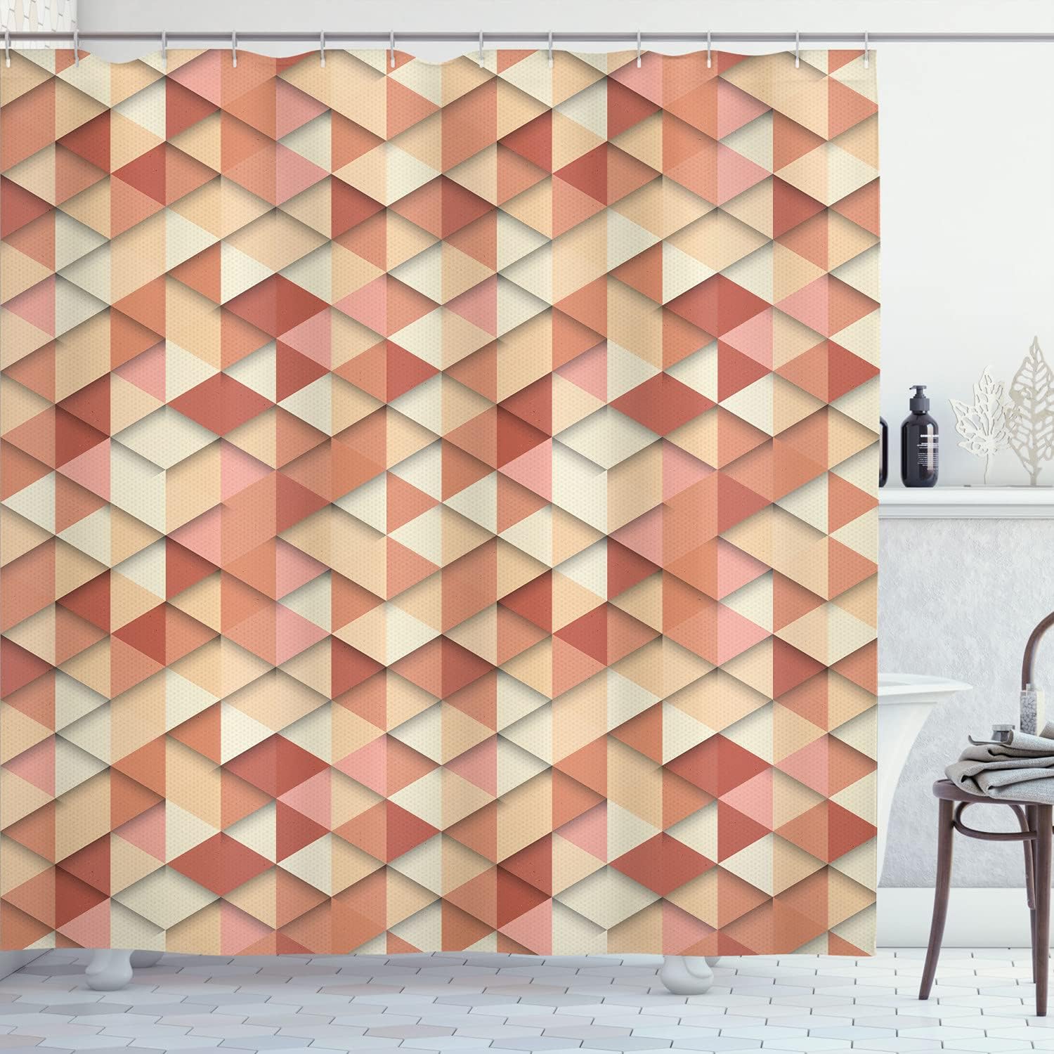 Ambesonne Geometric Shower Curtain, Abstract Vector Retro Pattern of Triangles Modern Art Inspired Illustration, Cloth Fabric Bathroom Decor Set with Hooks, 75" Long, Pale Salmon