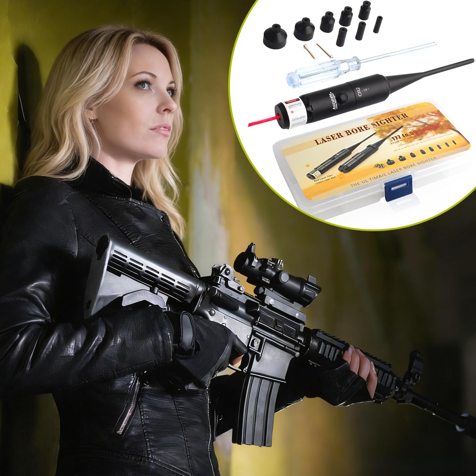 Bore Sighter, kit di visiera per trapano, calibro da .177 a .50 con scatola per il trasporto, leggero, boresight, nero, opaco, lega di alluminio di alta qualità, collimatore boresight punto rosso per