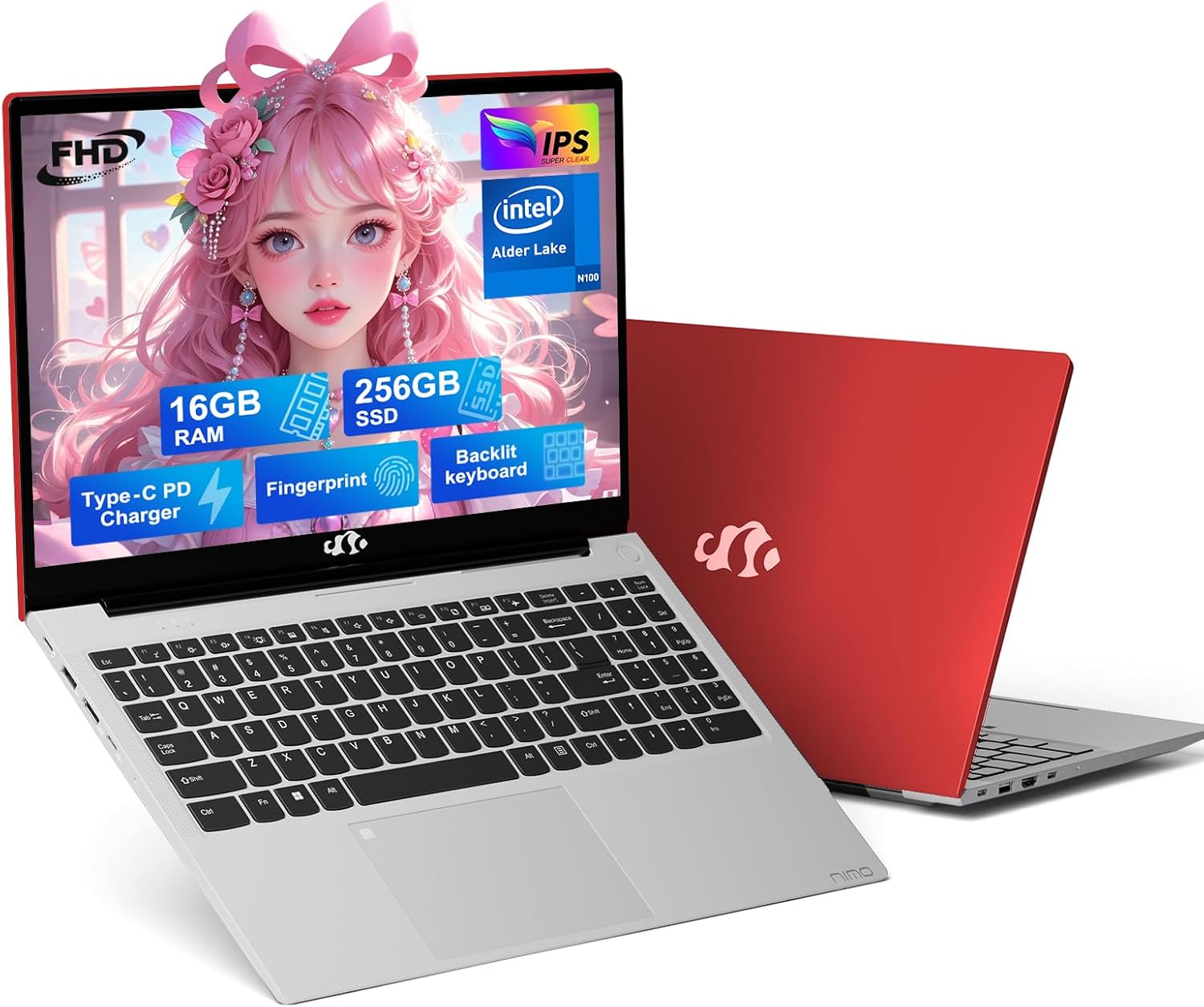 NIMO 15.6" IPS FHD-laptop, Intel Pentium Quad Core N100 16GB RAM 256GB SSD (Beat i3-1115G4, עד 3.4GHz) מחשב עם מקלדת עם מואר אחורי Type-C WiFi 6 BT5.2, לתלמיד ולבית