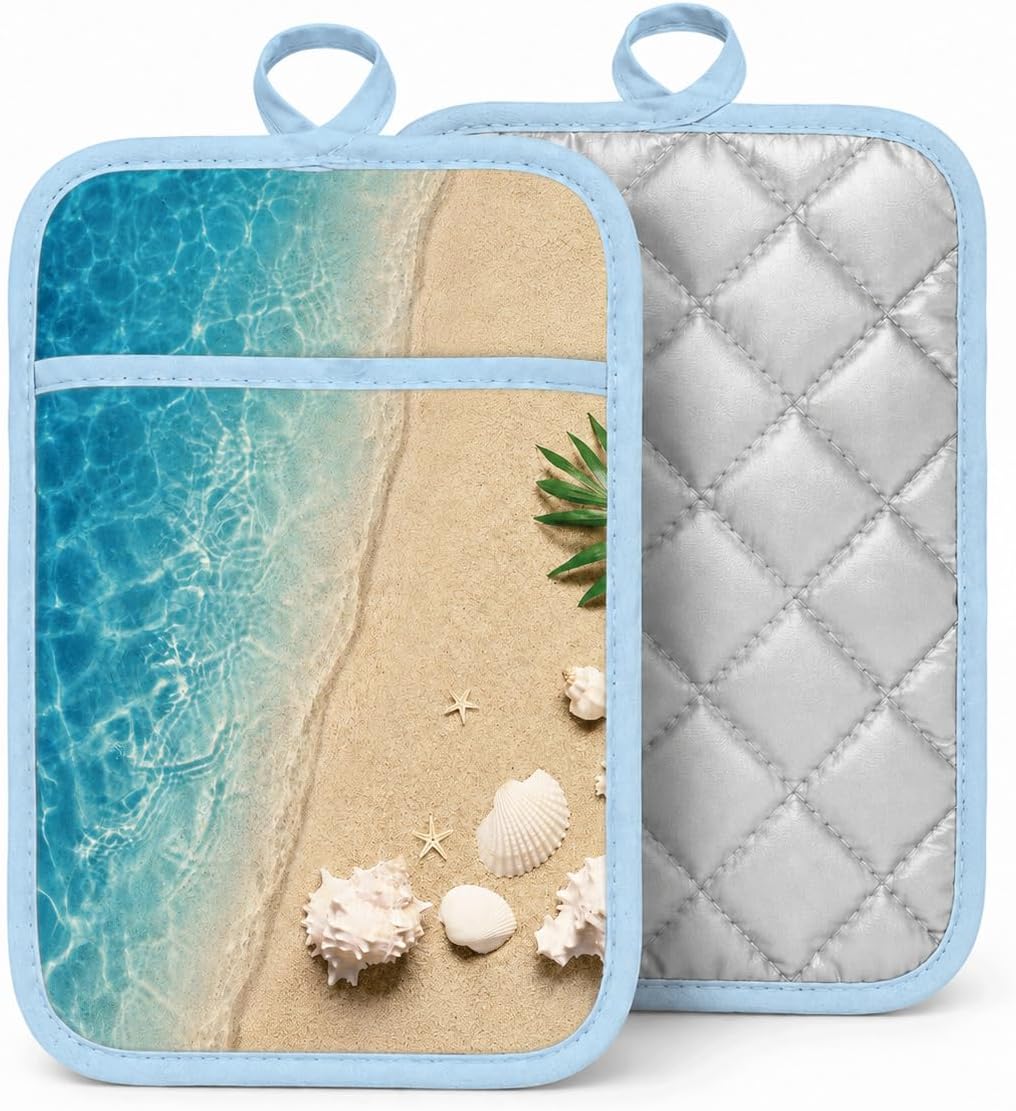 Flexible Pot Holders Set for Microwave & Oven, Fabric Silver Coated Pocket Pot Holder and Trivet 2-Pack for Easy Grip, for Women Bakers (Summer Beach Sand Wave)