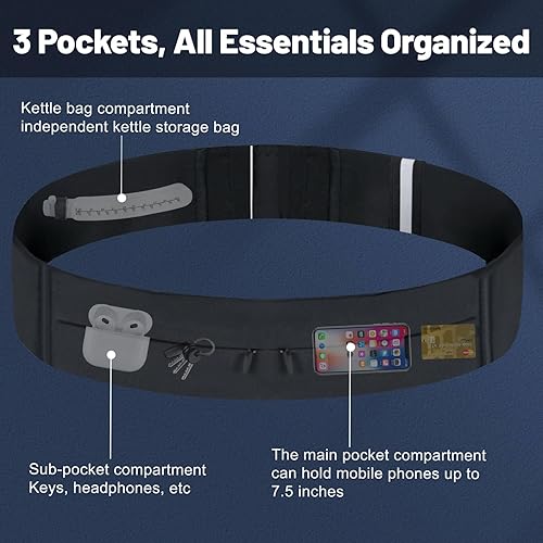 Miniatura 4 de Riñonera negra para correr para mujeres y hombres (23-33 pulgadas) con soporte para botella de agua, cintura de hidratación ajustable, bolsillo