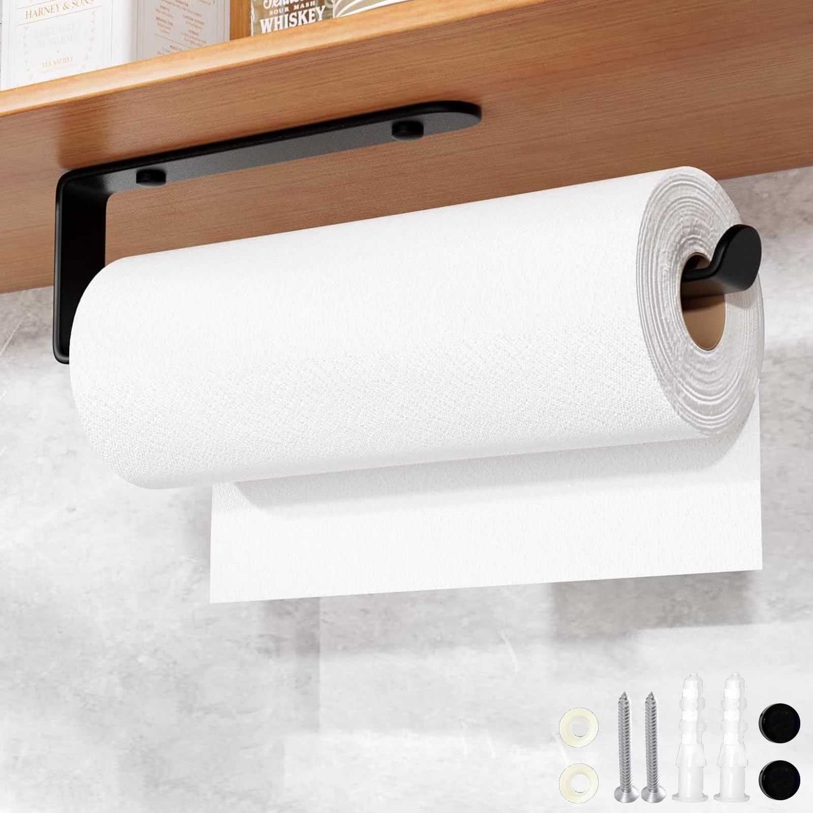 Photo 1 of Adhesive Paper Towel Holder Under Cabinet Wall Mount for Kitchen Towelt, Self-Adhesive and Screws,Stainless Steel SUS304 Thickened Steel Pipe Hanging Paper Towel Holders for Kitchen, Bathroom, Black