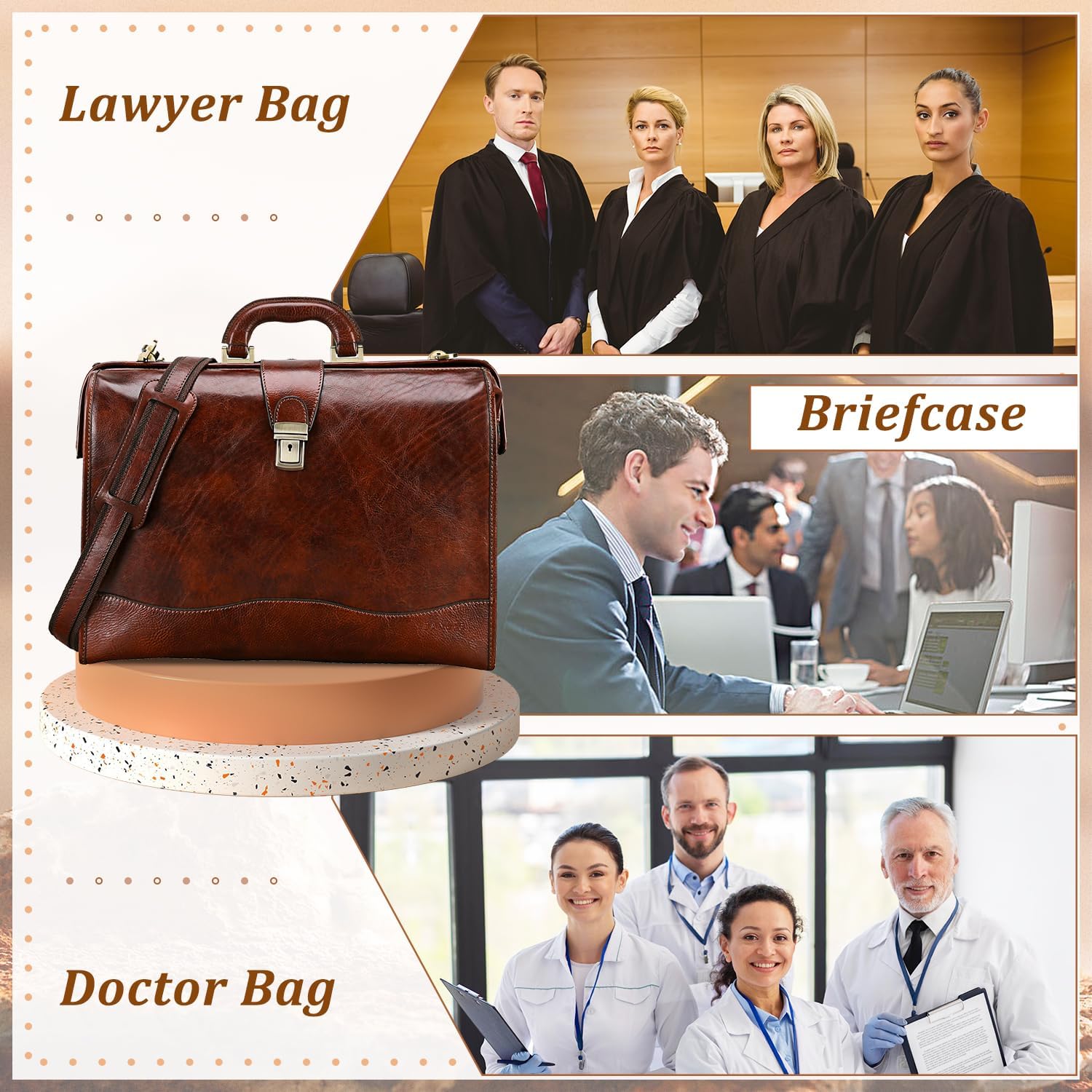 Banuce Premium Italian Full Grain Leather Lawyer Briefcase for Men 15.6 inch Legal Lawyer Briefcase and Doctor Bag for Business Travel Office Work with Lock and Detachable Shoulder Strap Brown
