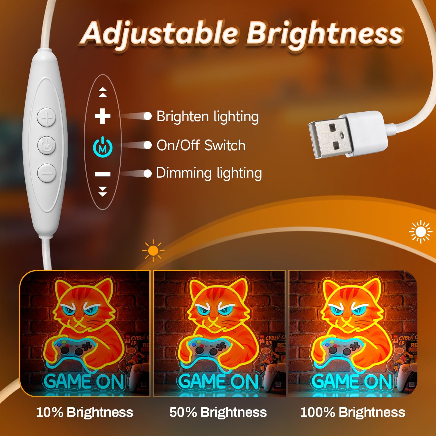 Insegne luminose del gatto, GAME ON Insegna al neon, Gatto con controller Insegne al neon a LED per sala giochi, Lampada da parete al neon USB per giocatori, regalo di gioco per giocatori