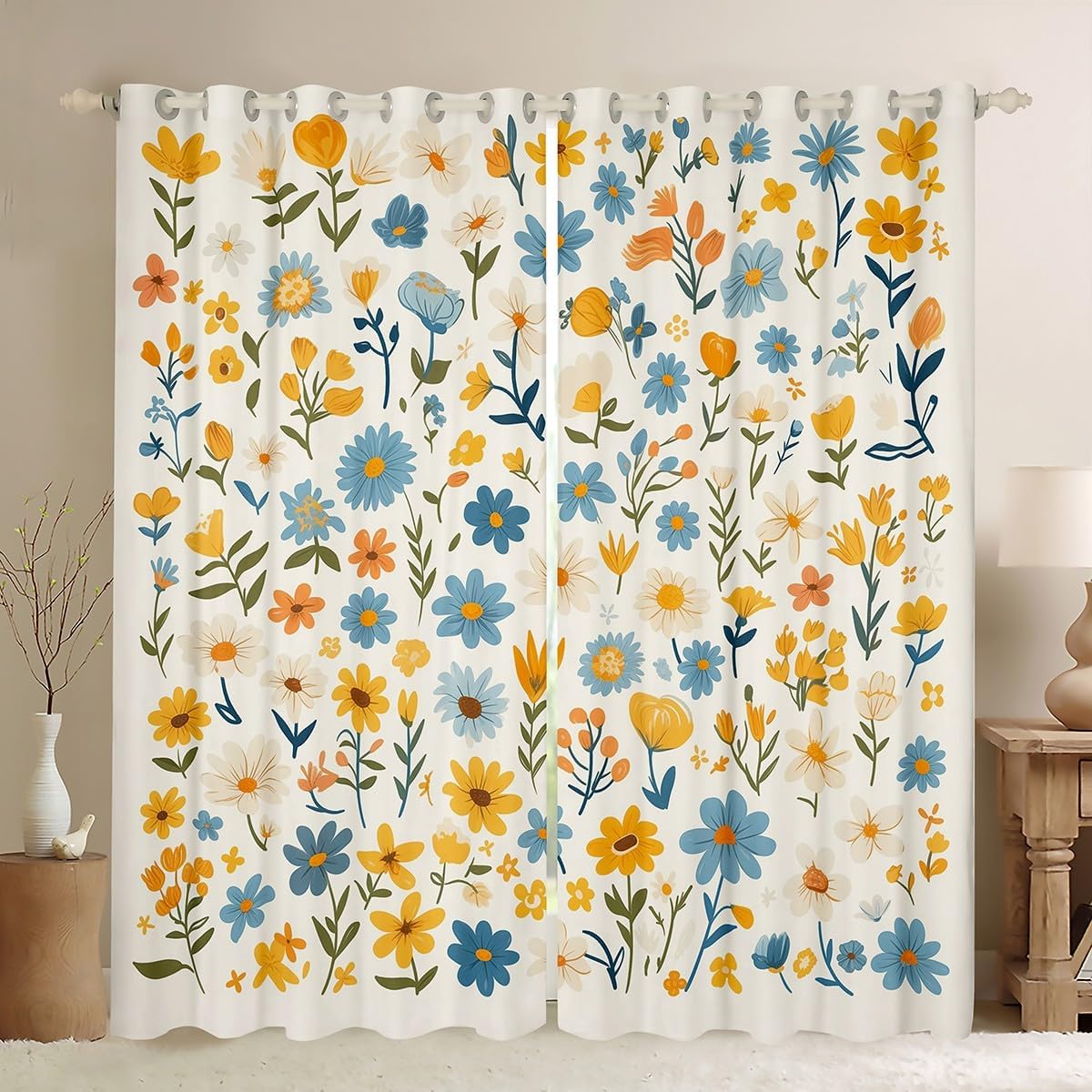 Manfei Groovy Flowers Kids Blackout Curtain,80s 90s Daisy Floral Rustic Farmhouse Window Drapes for Boys Girls,Bohemia Retro Style White Window Treatments Grommet Top 2 Panel Set,52Wx63L inch