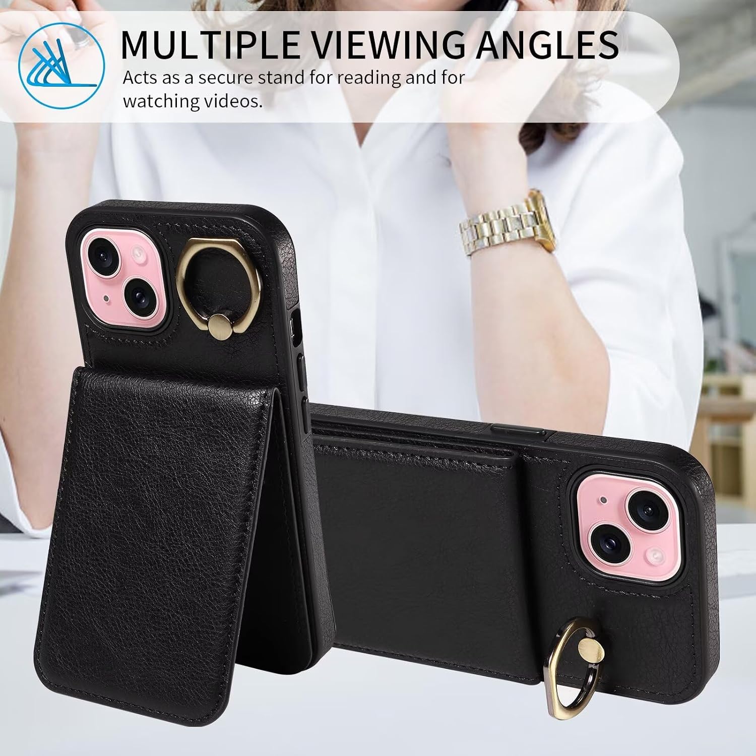 Caseurban Compatible with iPhone 15 Wallet Case with Card Holder, Ejector Pin & SIM Card Storage, 360° Rotation Ring PU Leather Kickstand Card Slots Case Shockproof Protective Phone Cover Black