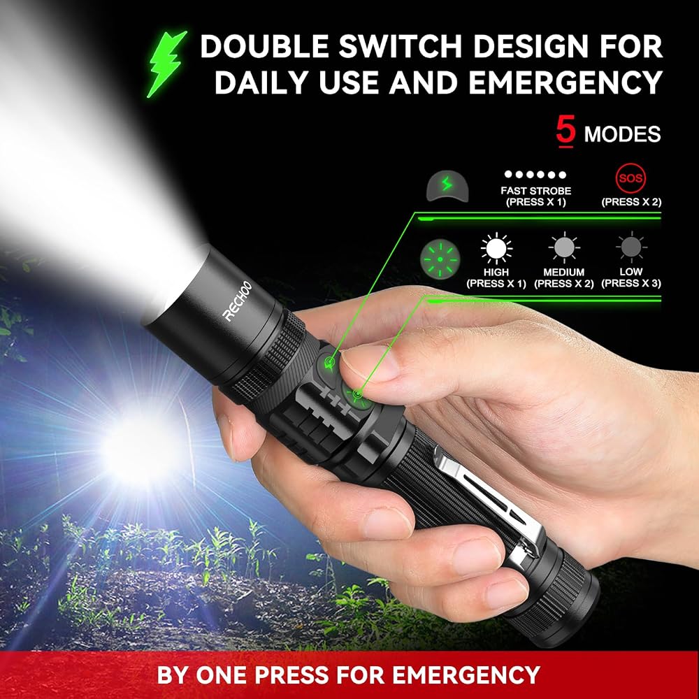 RECHOO Flashlights USB Rechargeable 2 Pack Double Switch S3000L LED Tactical Flashlight High Lumens Super Bright 5 Modes Zoomable Waterproof Flashlight for Camping, Emergency