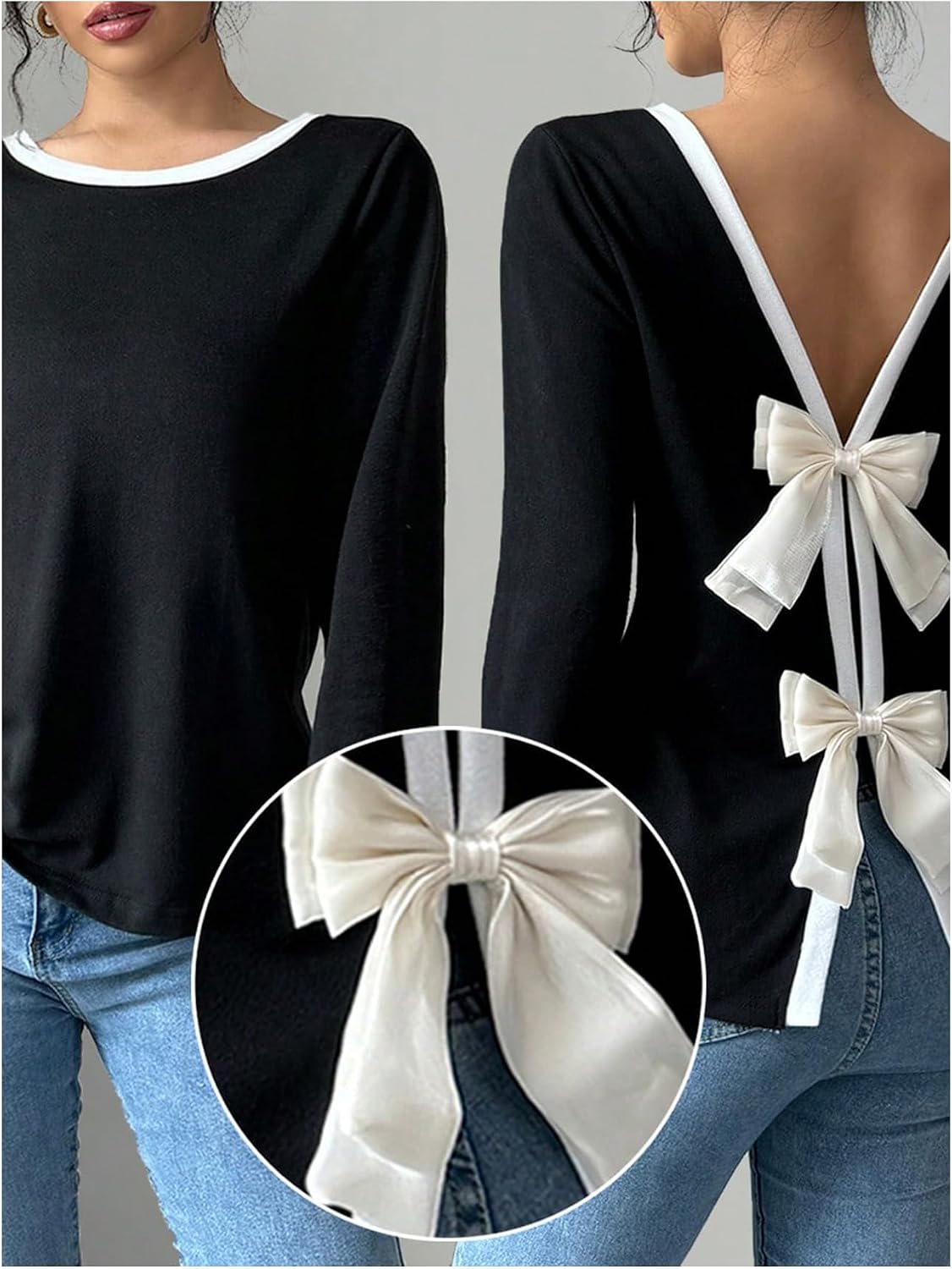 GORGLITTER Women's Bow Open Back T Shirt Backless Long Sleeve Colorblock Crewneck Spring Trendy Going Out Tee Tops