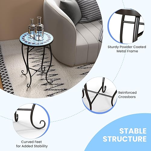 Miniatura 6 de Tangkula Mesa auxiliar para exteriores, soporte para plantas de mosaico de 14 pulgadas, mesa redonda con parte superior de azulejos de cerámica y