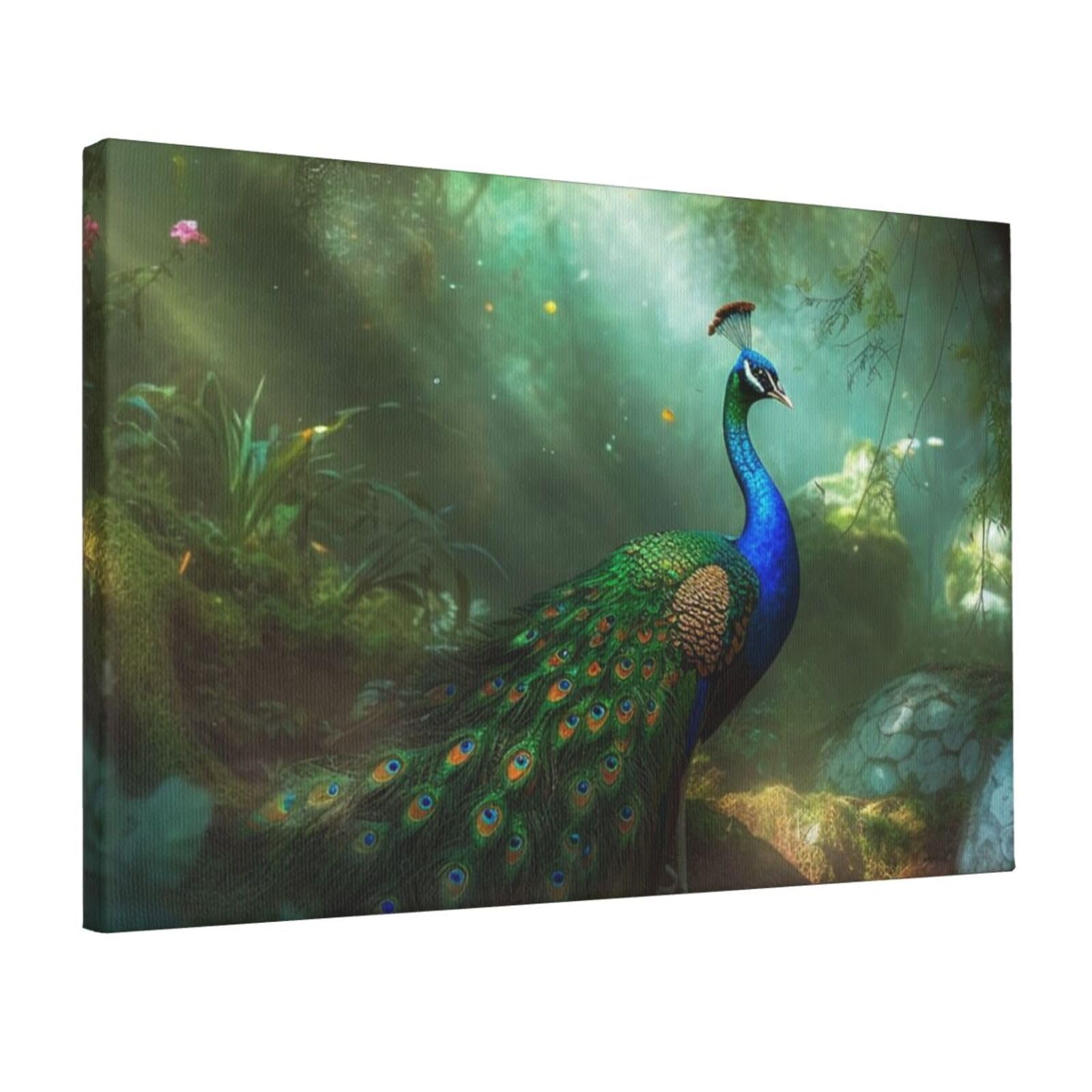 Fodpand Peacock In Forest Unframed Canvas Wall Art,Modern Posters Print Wall Decor Canvas Oil Painting For Bedroom Living Room Bathroom Wall Hanging Artwork Ready To Hang 12"X18"