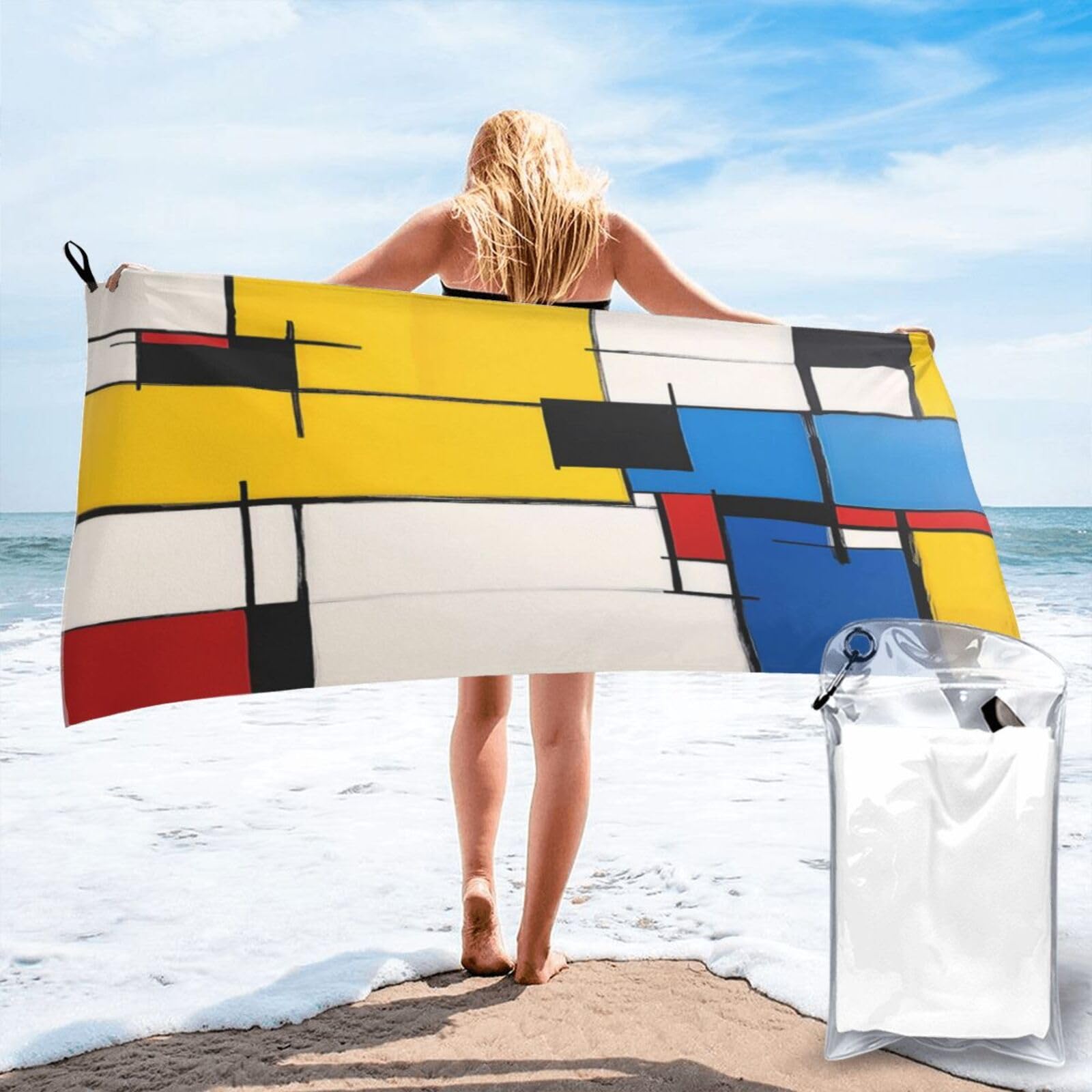 Anceky Geometric Abstract Painting, Vibrant Colors Quick Dry Microfiber Travel Towel with Carry Case and Carabiner 27.5"X55"