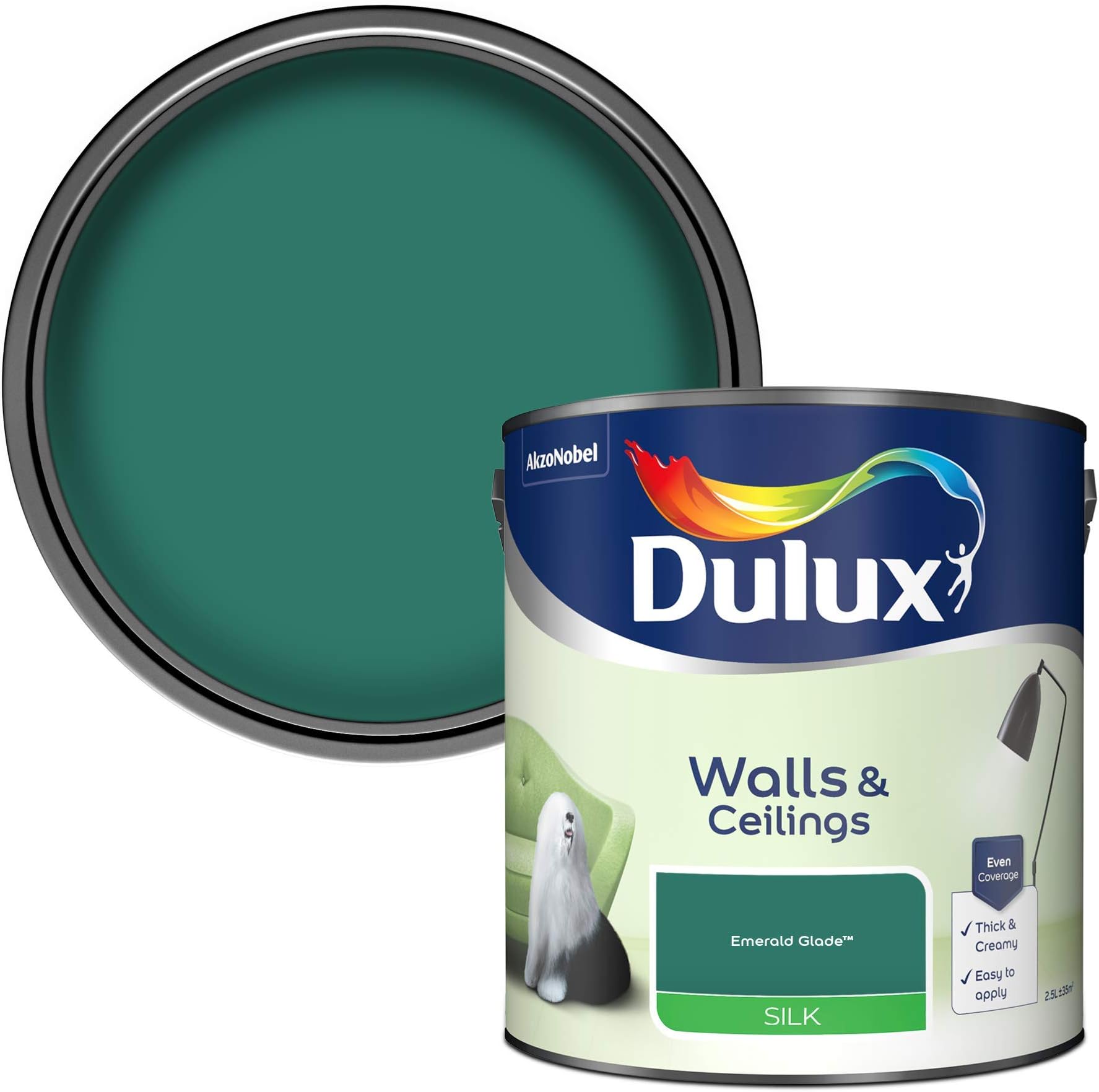 Dulux Walls & Ceilings Silk Emulsion Paint, Emerald Glade, 2.5 Litres