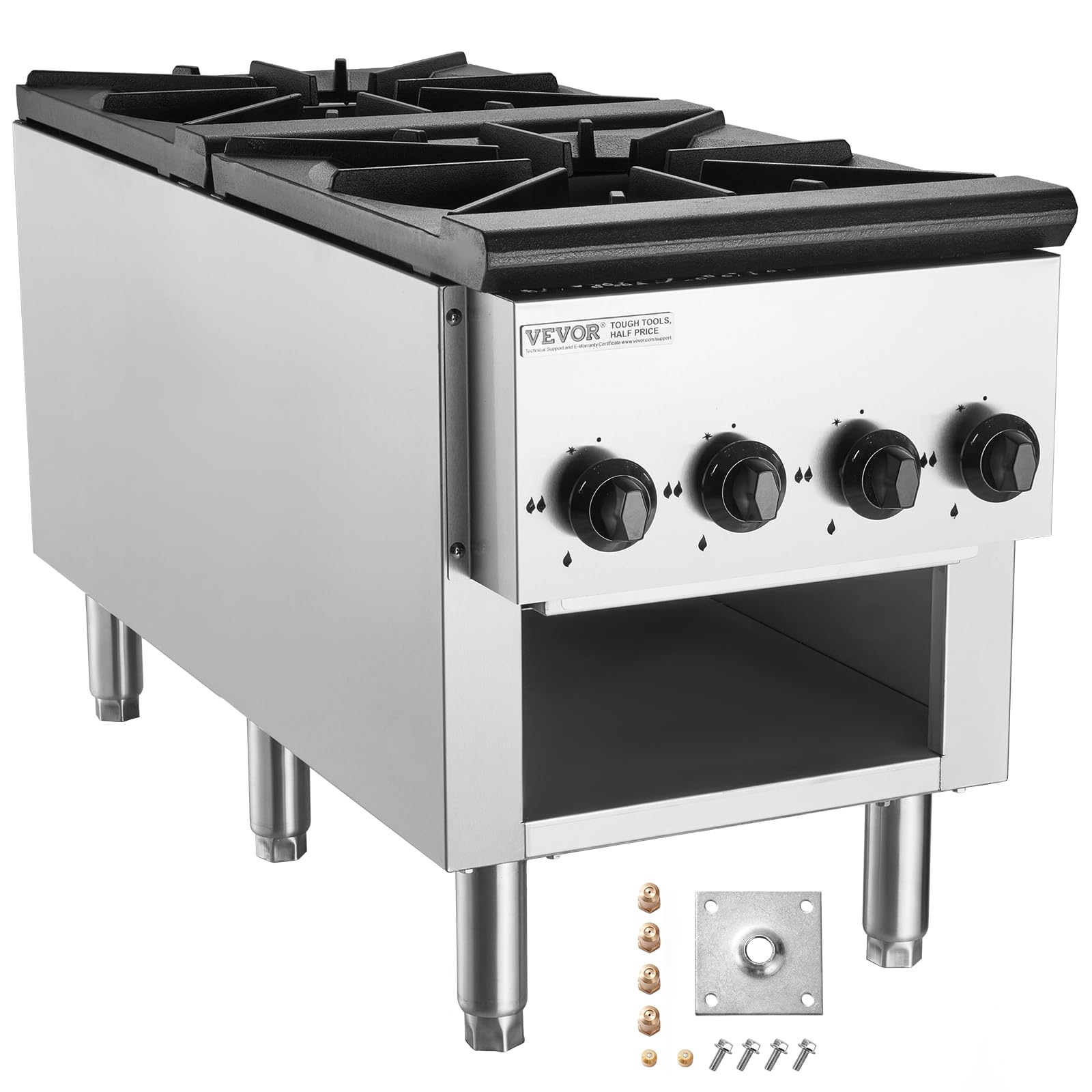 VEVOR Cuisinière à Gaz Commerciale 2 Brûleurs, Plaque de Cuisson de Comptoir au Propane et au Gaz Naturel, 52 kW, en Acier Inoxydable, avec Armoire, Équipement de Cuisson Commercial pour Restaurant