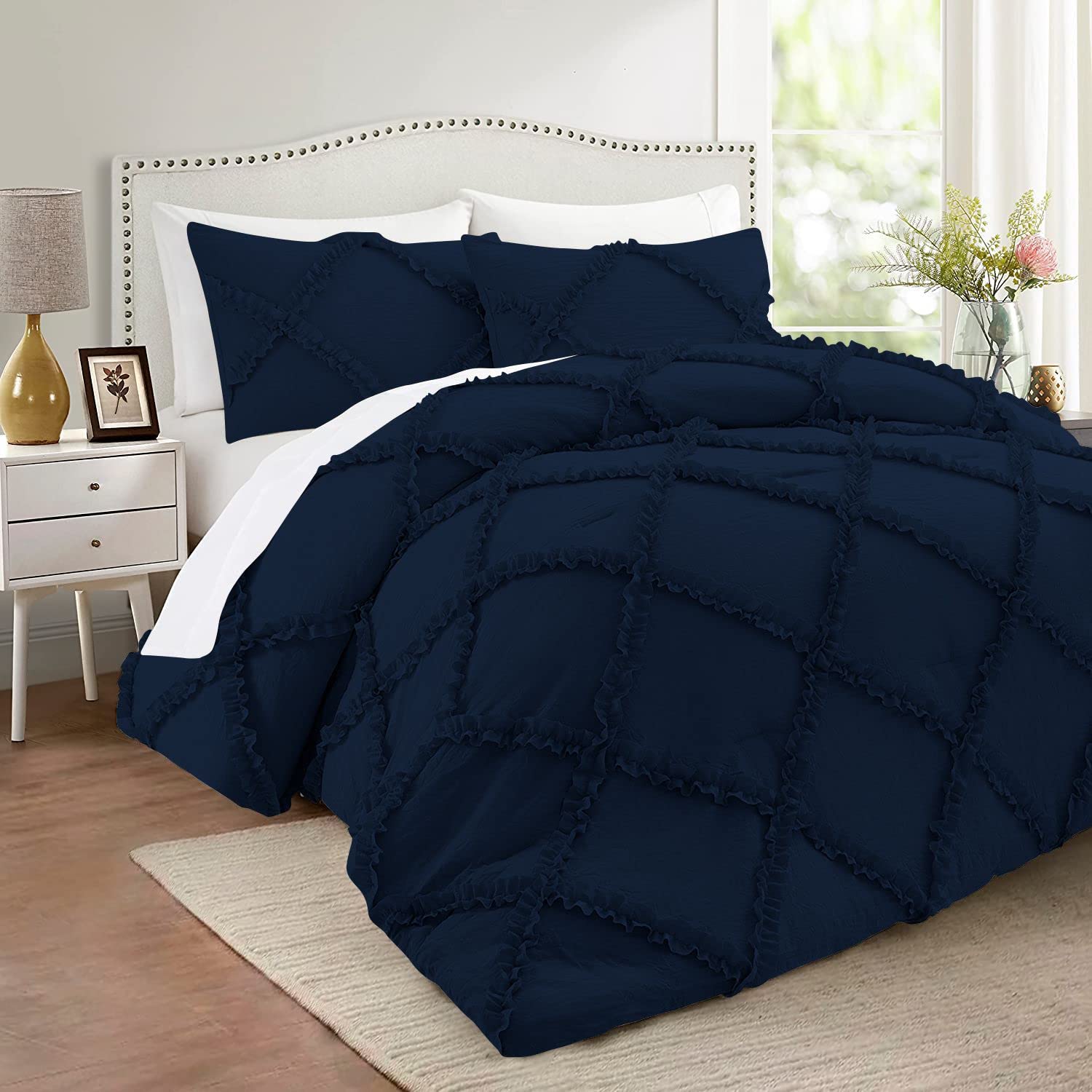 1 Piece Diamond Ruffle Comforter 100% Egyptian Cotton 800 Thread Count Premium Hotal Quality 400GSM, Oversized Super King (120