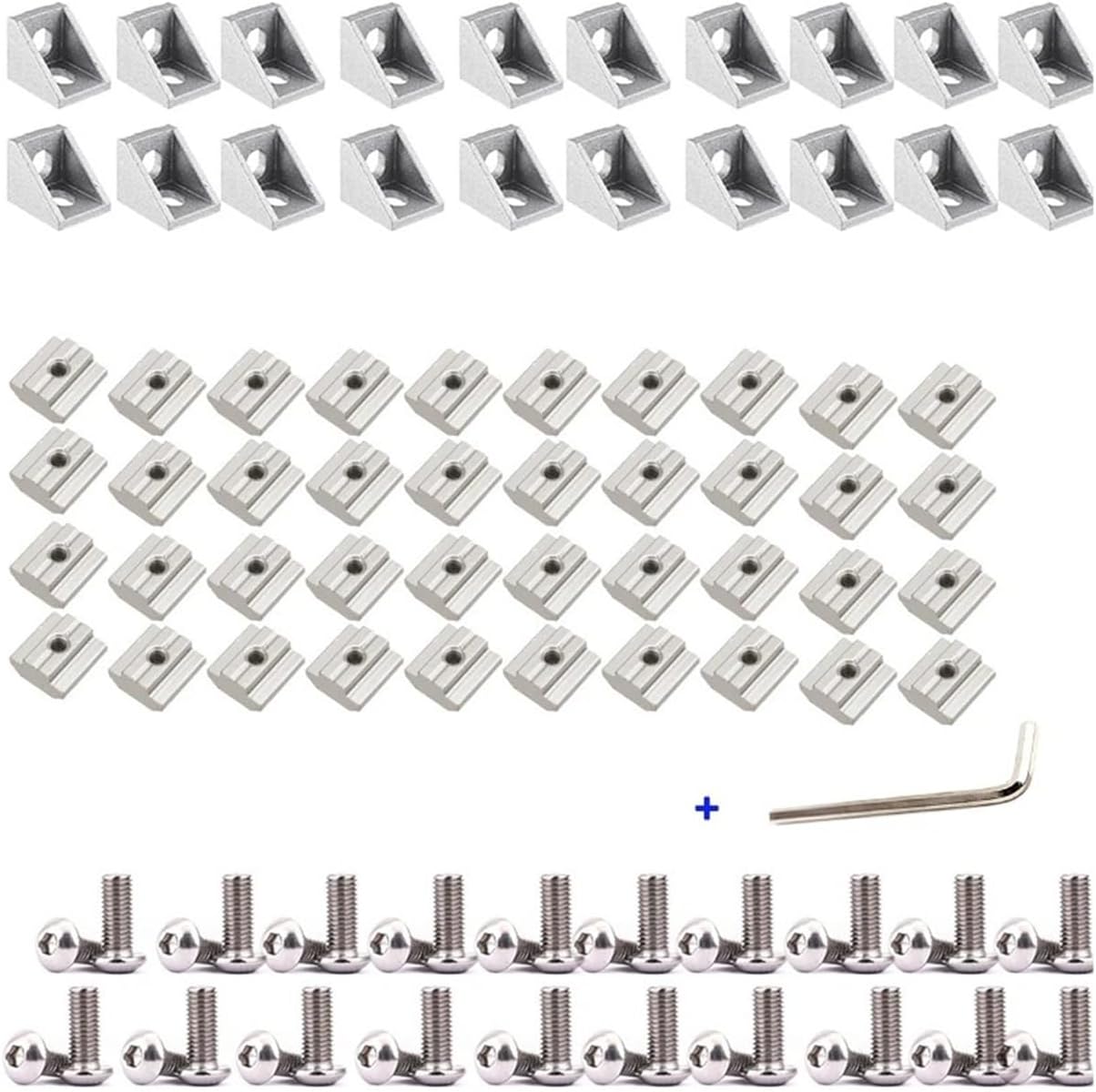 2020 Aluminum Profile Connector Set 20pcs Corner Bracket + 40pcs M5x8mm Hex Socket Cap + 40pcs 20 Series M5 T-Slot Nuts(2020 Silver Set)