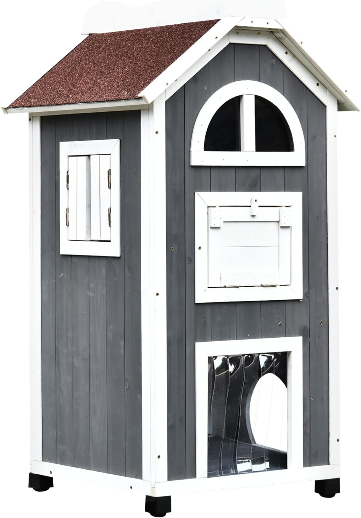 PawHut 43" H Wooden Cat House Outdoor with Hammock, Weatherproof 3-Floor Feral Cat Shelter with Escape Doors, Asphalt Roof, Inside Ladders, Gray
