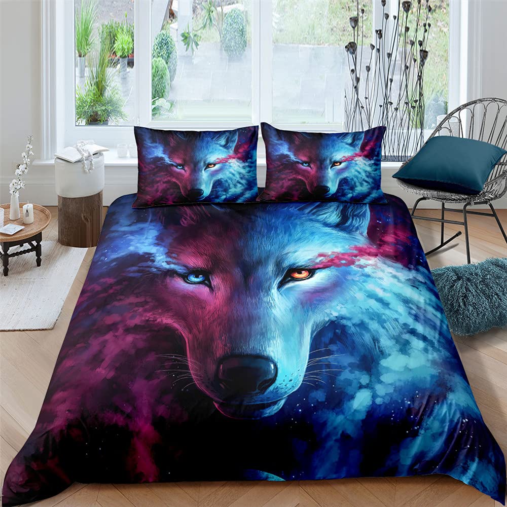 Fansu Boys Starry Sky 3D Wild Wolf Duvet Cover Set With Pillow Case, Easy Care Polyester Bedding Set For Double Single Super King Size, (135X200cm)