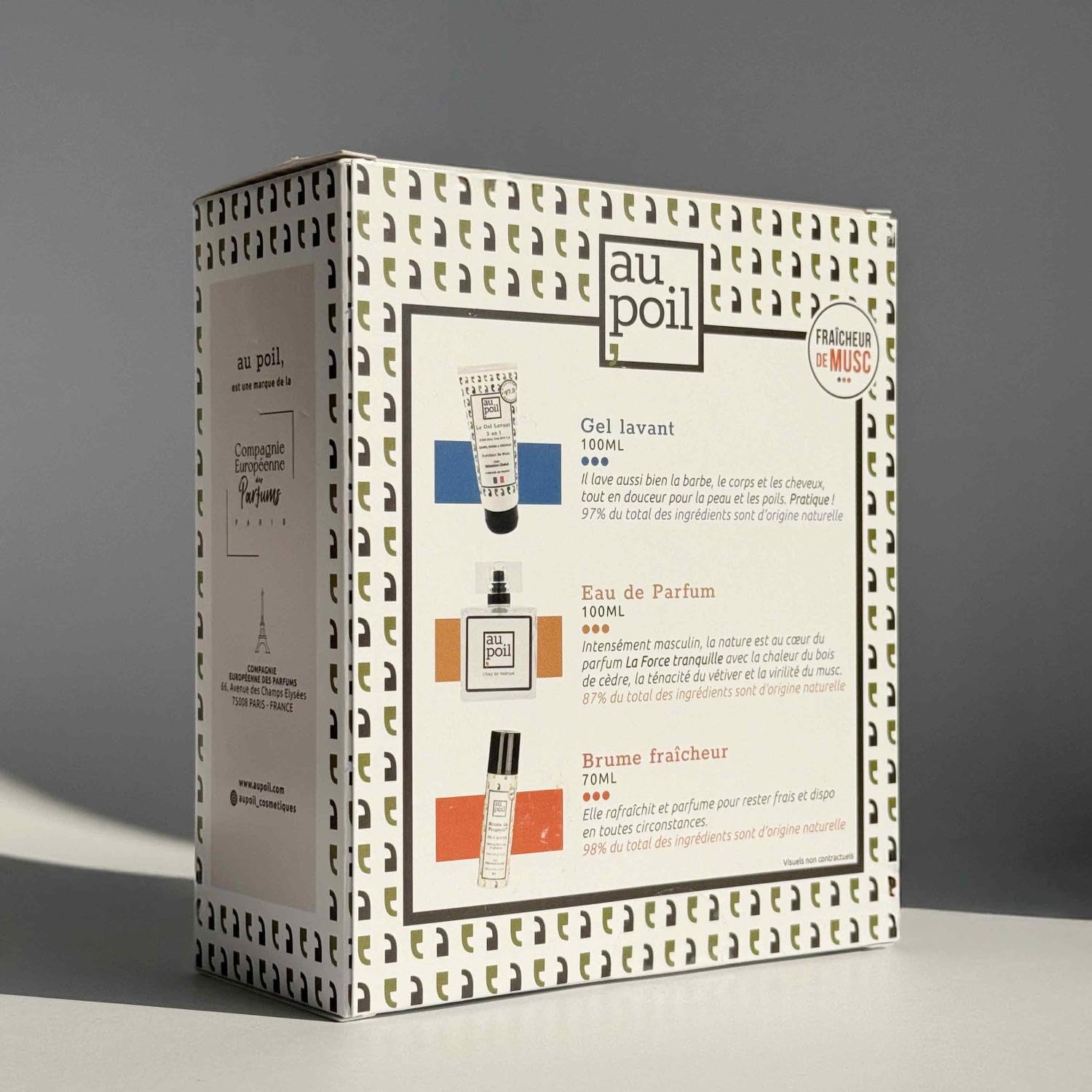AU POIL le Coffret Frais & Dispo : 1 Eau de Parfum 100ml, 1 Brume de propreté 70ml, 1 Gel lavant 3-en-1 100ml Fraîcheur de Musc par Sébastien Chabal