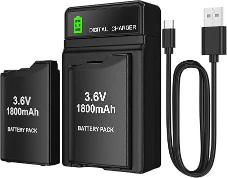 PSP Battery and Charger, 2Pcs 1800mAh 3.6v Lithium Polymer Replacement Rechargeable Batteries with LED Charging Station for PSP 1000 1001, PSP-110, PSP Fat Console