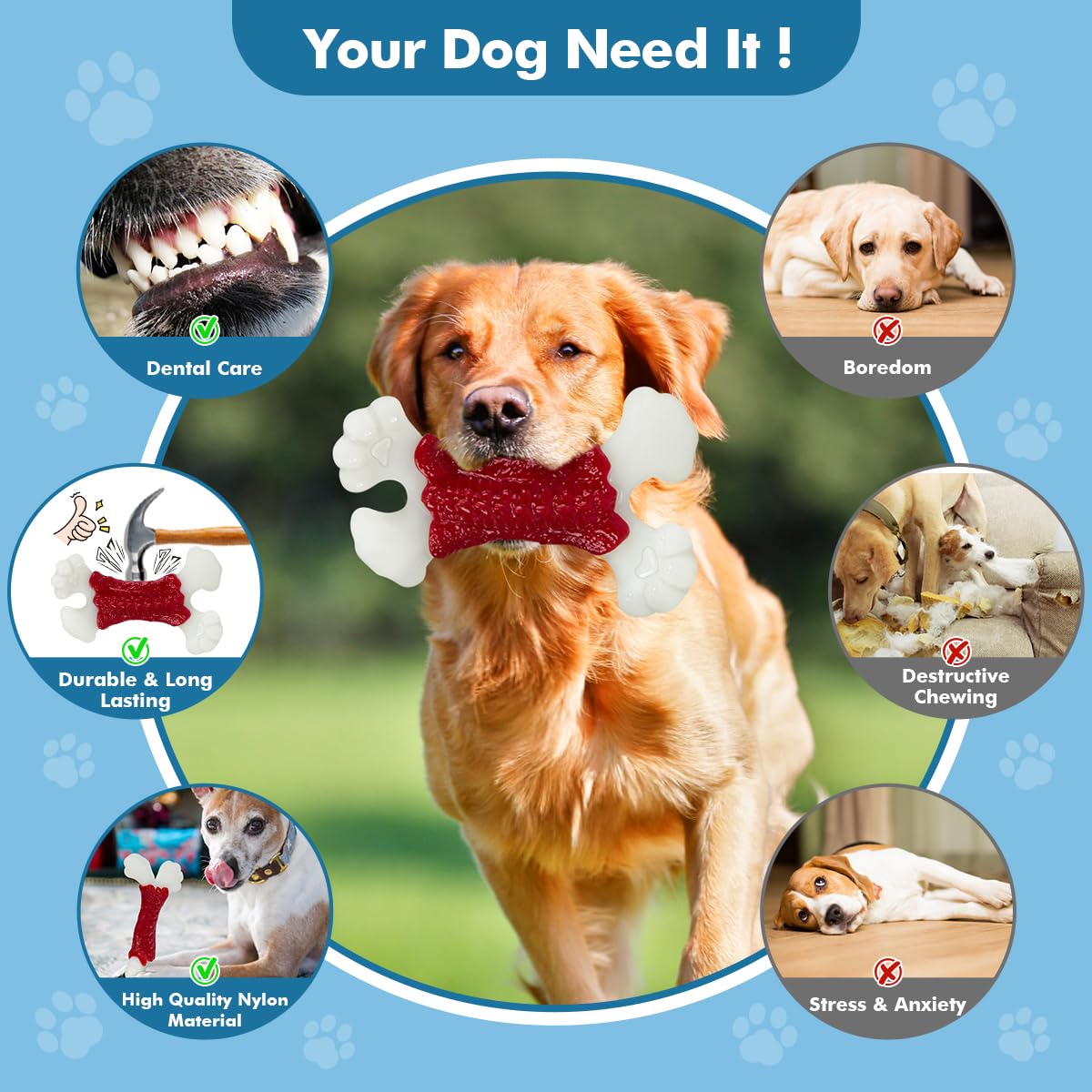 Jouets pour chiens à mâcher agressifs, jouets pour chiens de grande taille, os indestructibles pour mâcheurs agressifs, jouet à mâcher solide et durable, véritables saveurs de bacon et de bœuf