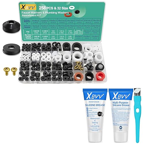 Paquete de 2 grasas de silicona y 32 tamaños 258 PC grifo y arandelas de goma de fontanería para manguera de jardín surtida, divisor de espiga,
