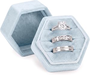 Blue 3 Slots Hexagon Velvet Ring Box, Vintage Jewelry Ring Display Holder Case for Wedding Ceremony Proposal Engagement