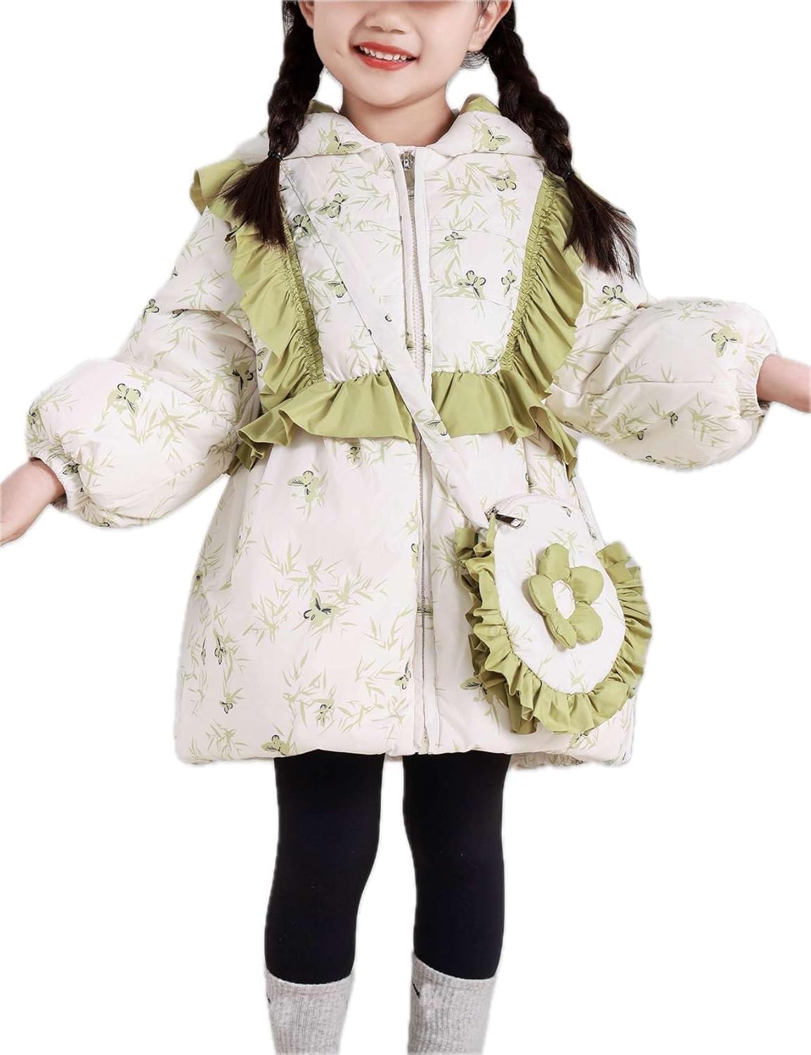 Girls Down Coat Floral Hooded Padded Jacket Kids Outdoor Heavyweight Warm Outerwear