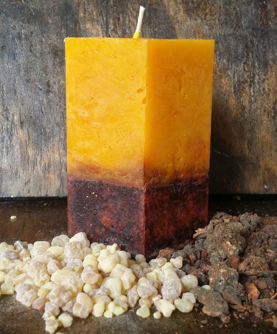 Badan Body Frankincense & Myrrh Scented Pillar Candle, Gold and Brown Tall 3x6.5 Square …