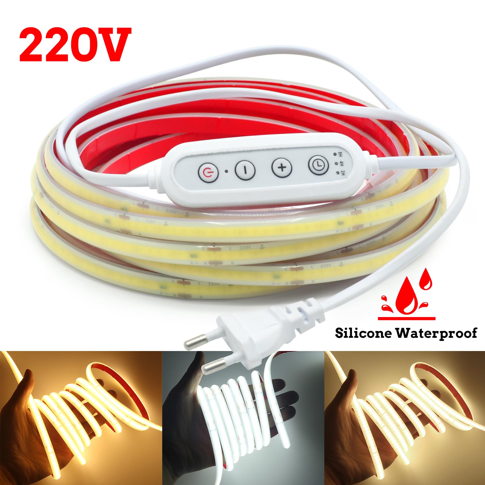 220V Tira LED COB regulable/temporizable [24M,Blanco natural 4000-4500K],flexible e impermeable IP67,240 LEDs/m recortable tira LED FCOB de silicona CRI85+,iluminación para hogar/comercios