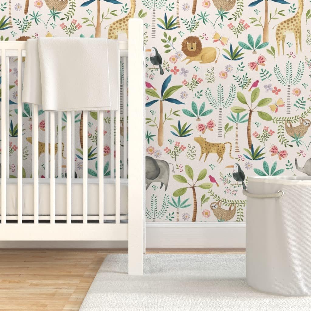 Peel & Stick Wallpaper 3ft x 2ft - Safari Party Light Jungle Watercolor Custom Removable Wallpaper by Spoonflower