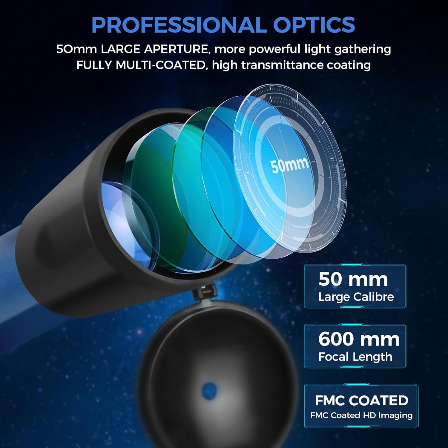 Astronomisches Teleskop, 50/600 mm, Refraktor-Teleskop für Kinder und Anfänger mit Rotpunktvisier, Stativ, Telefonadapter, 2 Okulare H12,5 mm und H20 mm