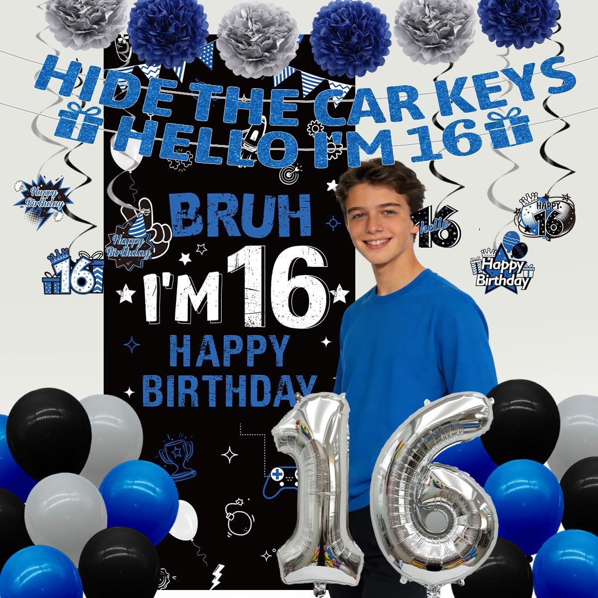 16th Birthday Decorations for Boys Girls 37PCS Blue Black Bruh I'm 16 Hide the Car Keys Party Decorations Backdrop, Banner, Hanging Swirls, Pompoms, Balloons, Cheers to 16 Years Party Supplies
