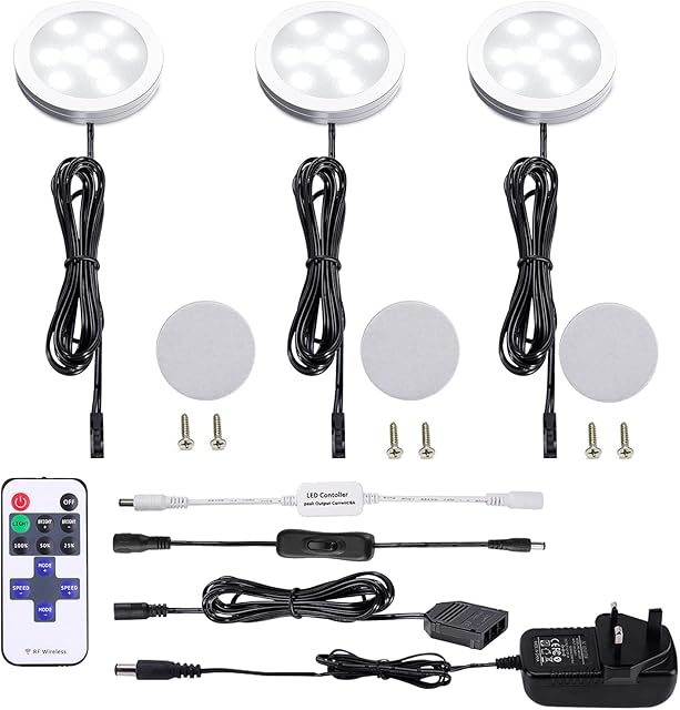 AIBOO LED Kitchen Under Cabinet Lighting Kit Dimmable with Wireless RF Remote, 3 Pack Round Display 240V LED Puck Lights, 6W Under Cupboard Counter Shelf Lights(Daylight White 6000K) [Energy Class A+]
