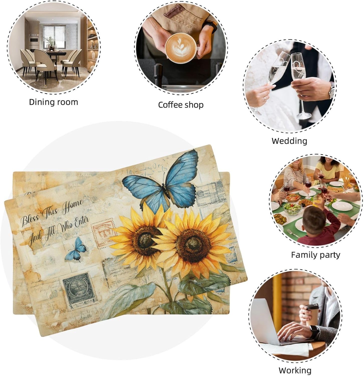 Vintage Butterfly Sunflower Placemats Set of 6 Bless Home and All Who Enter Table Mats Place Mats Decor Imitation Linen Heat Resistant Tablecloth for Dining Kitchen Party Restaurants 12''x18''