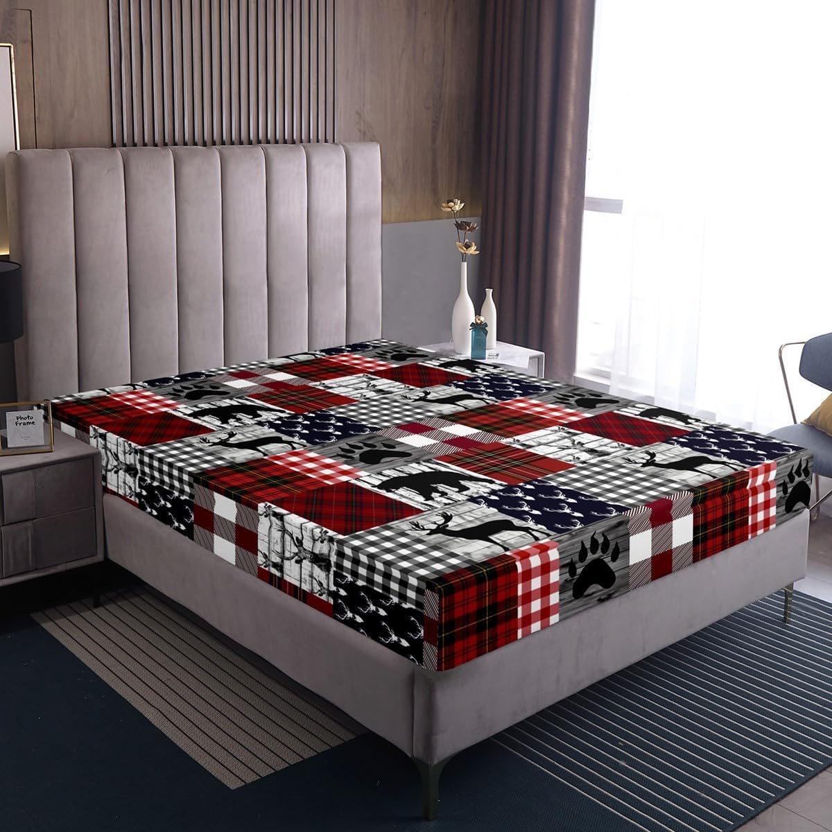 Erosebridal Rustic Patchwork Fitted Sheet,Checkered Buffalo Plaid Bed Sheets for Kids Teens Adult,Woodland Wildlife Bear Moose Elk Pine Trees Pattern Sheet Set Farmhouse Decorations,Queen
